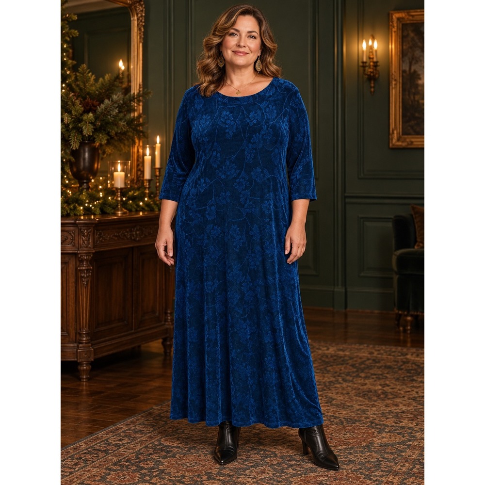 Coldwater Creek Vintage Maxi Dress Blue Floral Burnout 3/4 Sleeve Whimsigoth 1X
